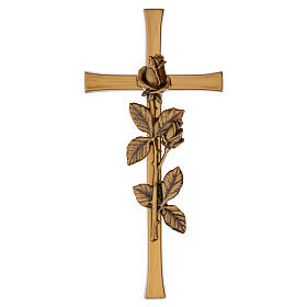 Bronzed Latin wall cross with rose-branch decoration, for outdoor use