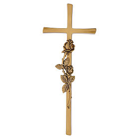 Bronzed Latin wall cross with rose decoration, for outdoor use