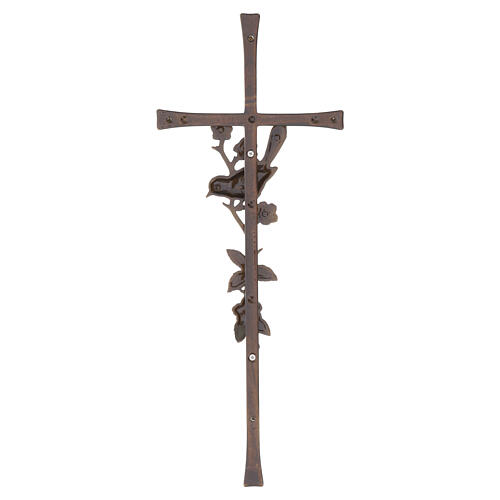 Cruz de pared bronce con pajarito y flores 40x16 cm para exterior 4