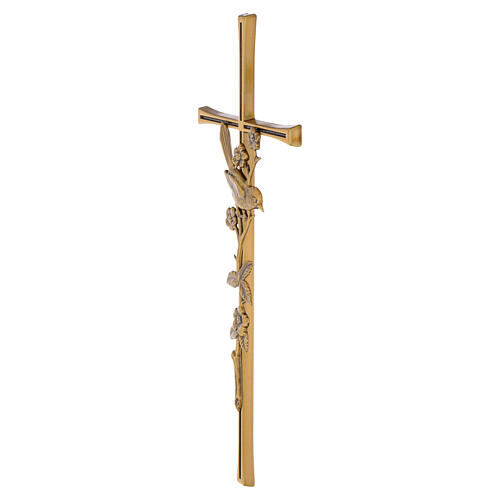 Bronze outdoor wall cross with bird and flowers, 40x16 cm 3