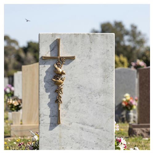 Bronze-plated outdoor wall cross with flowering branch and birds, 40x16 cm 2