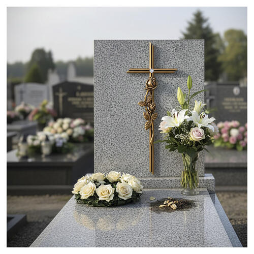 Funerary wall cross with decorative rose in bronze, 16x6 in 2