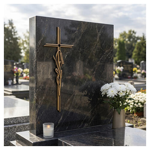Croix funéraire murale en bronze avec motif d'épi de blé 40x15 cm pour extérieur 2