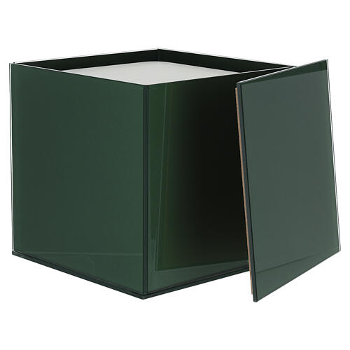 Cubic green glass cinerary urn, 8 in 3