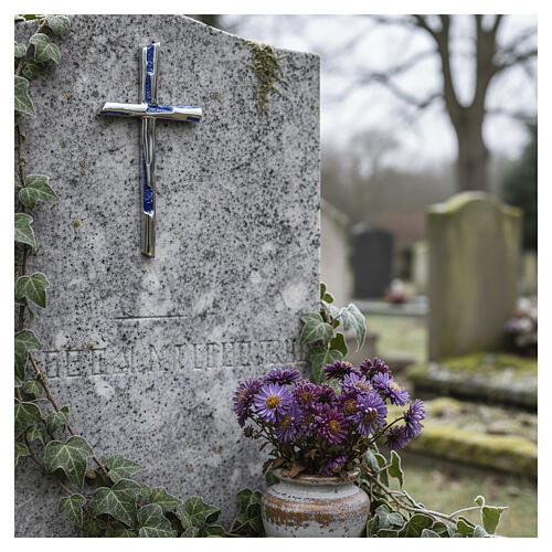 Modern Steel Cross with Blue Enamel Details for Outdoor Use 3