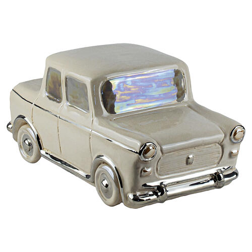 Beige glazed ceramic cinerary urn vintage car with platinum lustre 1