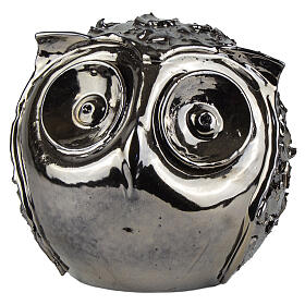 Silvered enamelled ceramic owl cinerary urn