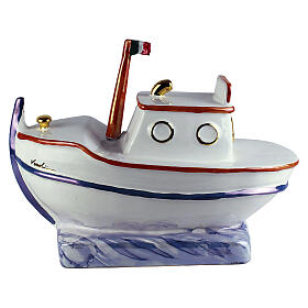 Enamelled ceramic boat-shaped cinerary urn with decorative gold lustre