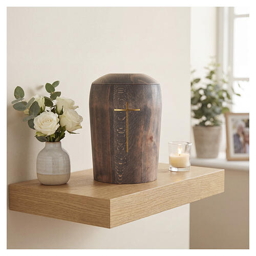 Urna legno di faggio scuro decorazione croce color oro 2