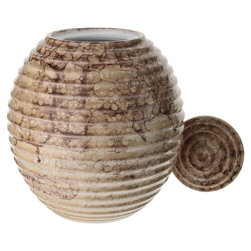 Brown and beige ribbed porcelain cremation urn with crystal-effect finish 2