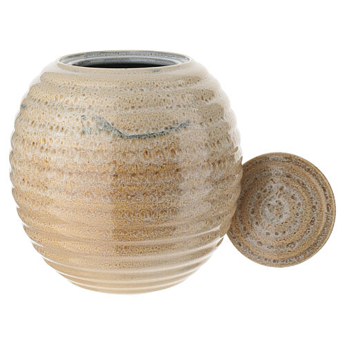 Cremation urn ribbed white and beige porcelain 2