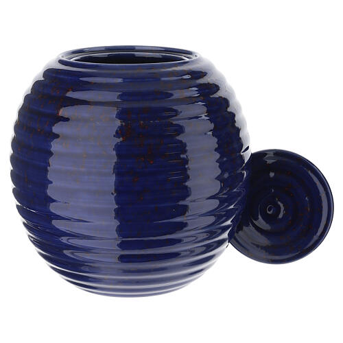 Ribbed porcelain cremation urn in blue and red 2