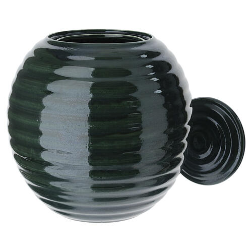 Green ribbed round majolica cremation urn 2