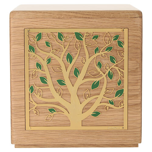 Ascheurne aus Eichenholz, Produktlinie Dona, mit Lebensbaum aus 24 Karat vergoldetem Messing 20x20 cm 1