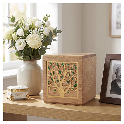 Dona range cremation urn in oak with a 24-carat gold-plated brass Tree of Life appliqué, 8x8 in 2