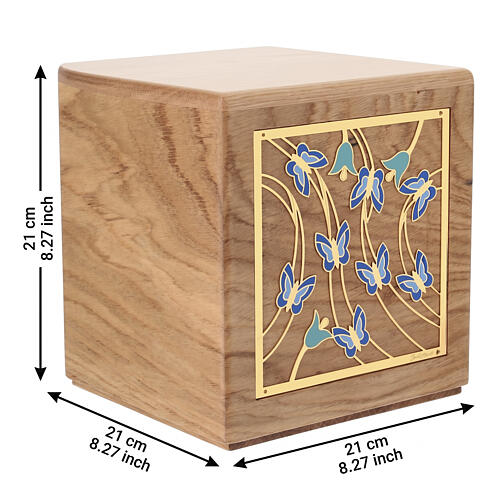 "Liberty" oak cremation urn with 24kt gold-plated brass applique, Dona line 20x20x20 cm 3