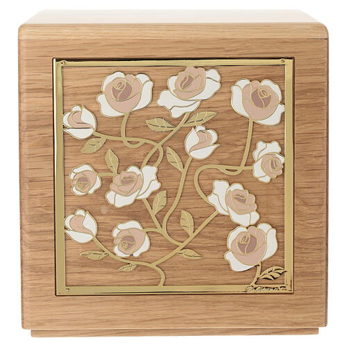 Ascheurne aus Eichen-Massivholz der Produktlinie Dona, Modell Hoffnung mit Rosen, aus 24 Karat vergoldetem Messing 20x20 cm 1