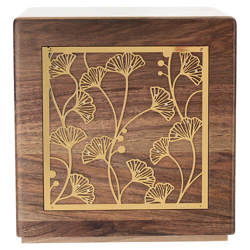 Ascheurne aus massivem Nussbaumholz der Produktlinie Dona, Modell Unendlichkeit mit Ginkgo biloba, aus 24 Karat vergoldetem Messing 20x20 cm 1