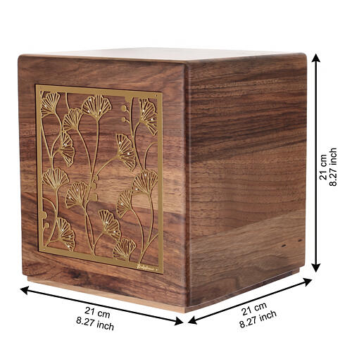 Walnut cremation urn with 24kt gold-plated brass applique, Dona line, 21x21x21 cm Immenso model 3