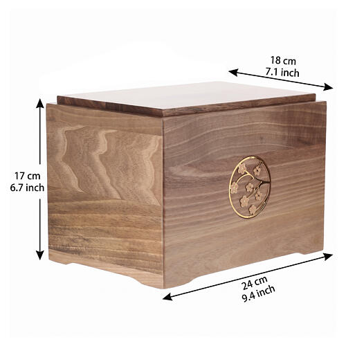Walnut cinerary urn "Liberty" with 24k gold-plated brass floral accents, 20x25x20 cm, "Dona" collection 3