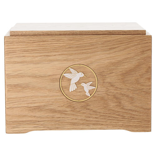 Ascheurne aus Massivholz der Produktlinie Dona, Modell Ewiger Gesang mit Tauben, aus 24 Karat vergoldetem Messing 20x25x20 cm 1
