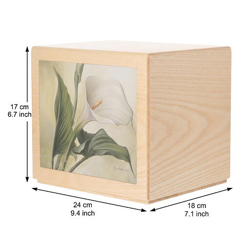 Dona range "Calla" cremation urn in ash wood with leather calla appliqué, 8x10x8 in 3
