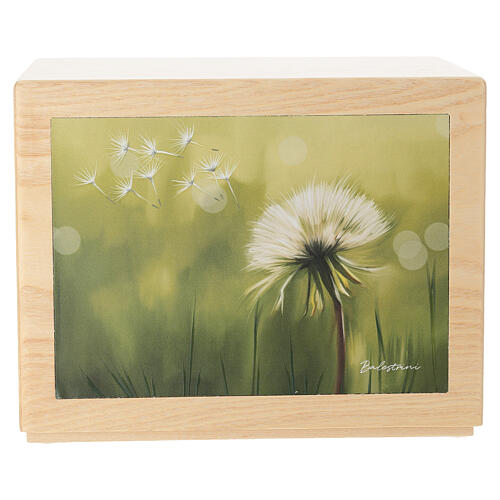 Ascheurne aus Eschenholz der Produktlinie Dona, Modell Windhauch mit Lederapplikation und Löwenzahnmotiv 20x25x20 cm 1