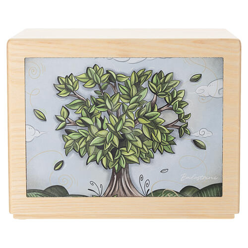 Ascheurne aus Eschenholz der Produktlinie Dona, Modell Blätter der Erinnerung mit Lederapplikation und Lebensbaum-Motiv 20x25x20 cm 1