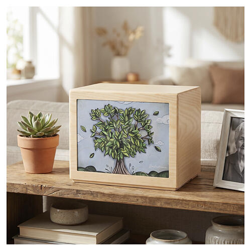 Dona range "Leaves of Memory" cremation urn in ash wood with leather decoration, 8x10x8 in 2