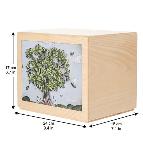 Urna cineraria frassino mod. Foglie di memoria decoro in pelle 20x25x20 cm linea Dona 3