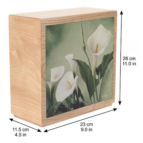 Urna na prochy model Luce, drewno kasztanowe, linia Dona, zdobienie: kwiaty ze skóry, 25 × 30 × 15 cm 3