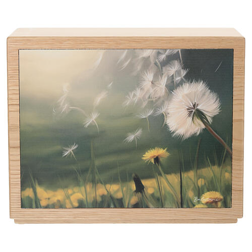 Ascheurne aus Kastanienholz der Produktlinie Dona, Modell Windgeflüster mit Lederapplikation und Löwenzahnmotiv 25x30x15 cm 1