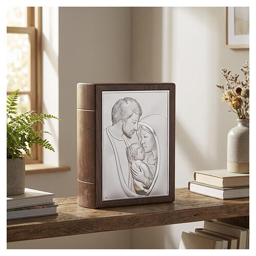 Book-shaped cremation urn in ash with 999 silver bilaminate depicting the Holy Family, 14x12x6 in, Linea Unica 2