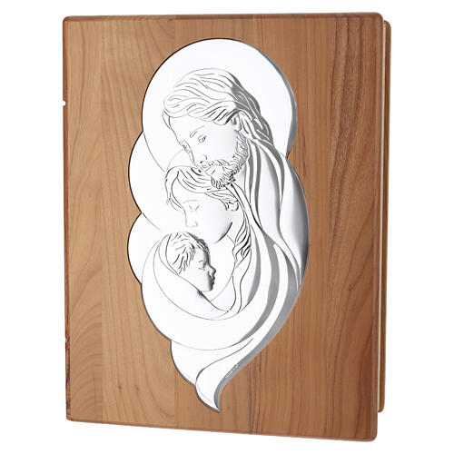 Ascheurne in Buchform aus Eschenholz der Produktlinie Unica, Modell Liebe mit Reliefbild der Heiligen Familie und 999er Silberauflage 35x30x15 cm 1