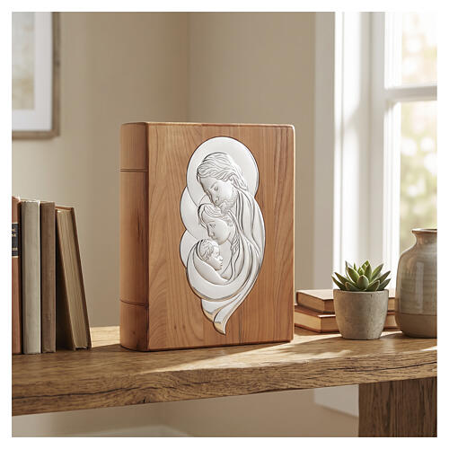 Book-shaped cremation urn in ash, "Amore" design with Holy Family, 999 silver, Linea Unica, 11x4x14 in 2