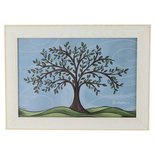 Ascheurne in Bilderrahmenform aus Eschenholz der Produktlinie Unica mit Lederapplikation und handgemaltem Lebensbaum-Motiv 35x45x5 cm 1
