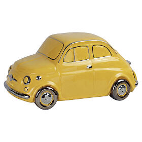Urna cinera de cerâmica artística em forma de automóvel de época amarelo