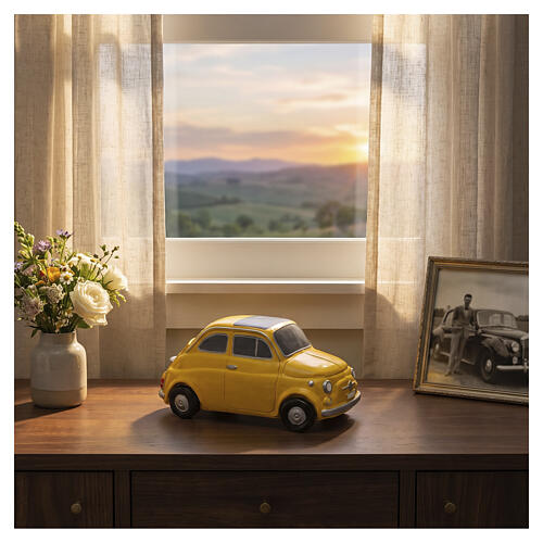 Yellow compact car-shaped artistic ceramic cremation urn with black roof 2