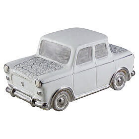 Artistic ceramic cremation urn in the shape of a light grey vintage car