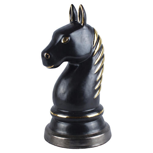 Cavalo de xadrez preto com crina dourada urna cinerária em cerâmica artística 3