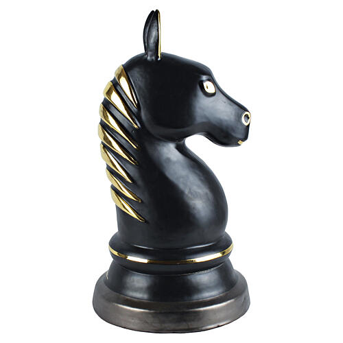 Black chess knight cremation urn in artisan ceramic with gold mane 1