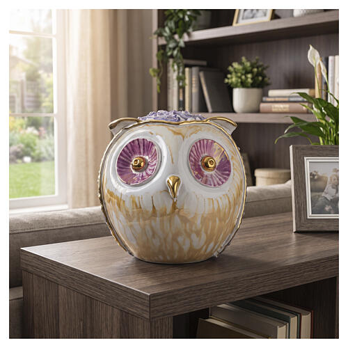 Urne funéraire hibou blanc en céramique artistique décorée 2