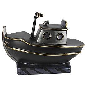 Artistic ceramic black boat-shaped cinerary urn with gold profiles
