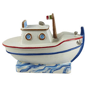 Artistic ceramic white fishing boat cinerary urn with tricolour details