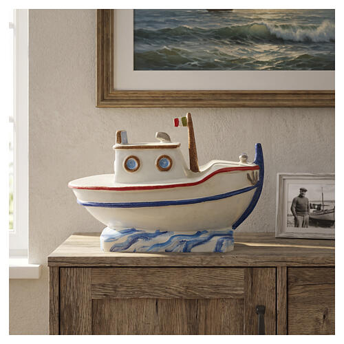 Artistic ceramic white fishing boat cinerary urn with tricolour details 2