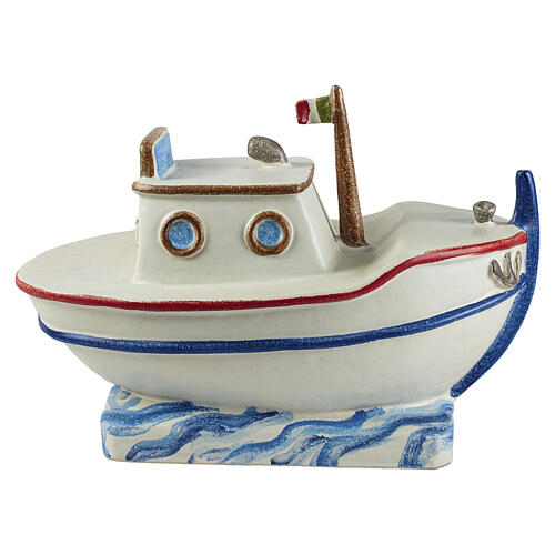 Barco de pesca branco com detalhes tricolores urna cinerária em cerâmica artística 1