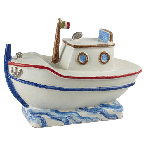 Barco de pesca branco com detalhes tricolores urna cinerária em cerâmica artística 3