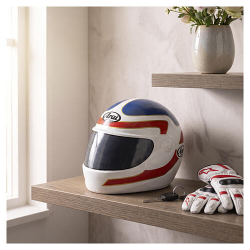 Cremation urn, white helmet with red and blue decoration, artistic ceramic 2