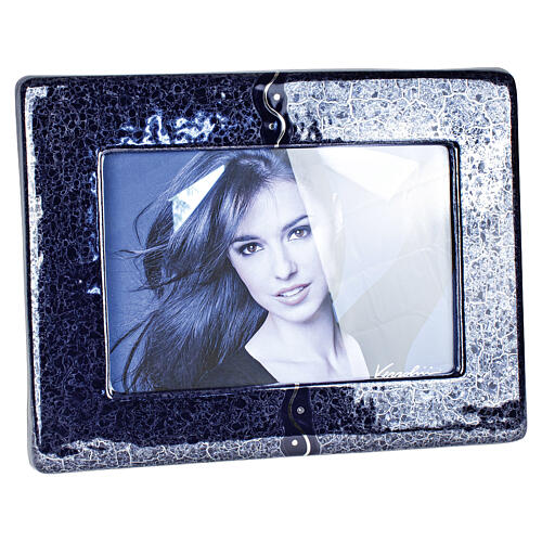 Blue crackle-effect cremation urn with photo frame, artisan ceramic 1