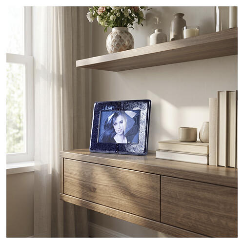 Blue crackle-effect cremation urn with photo frame, artisan ceramic 2